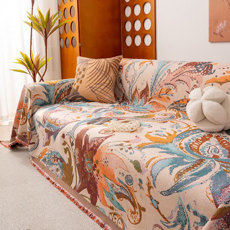 Floral sofa cover with tassels