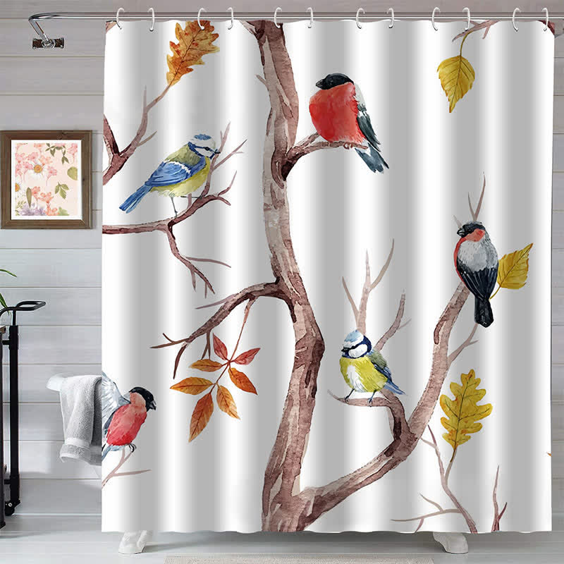 Shower curtain with birds and branches
