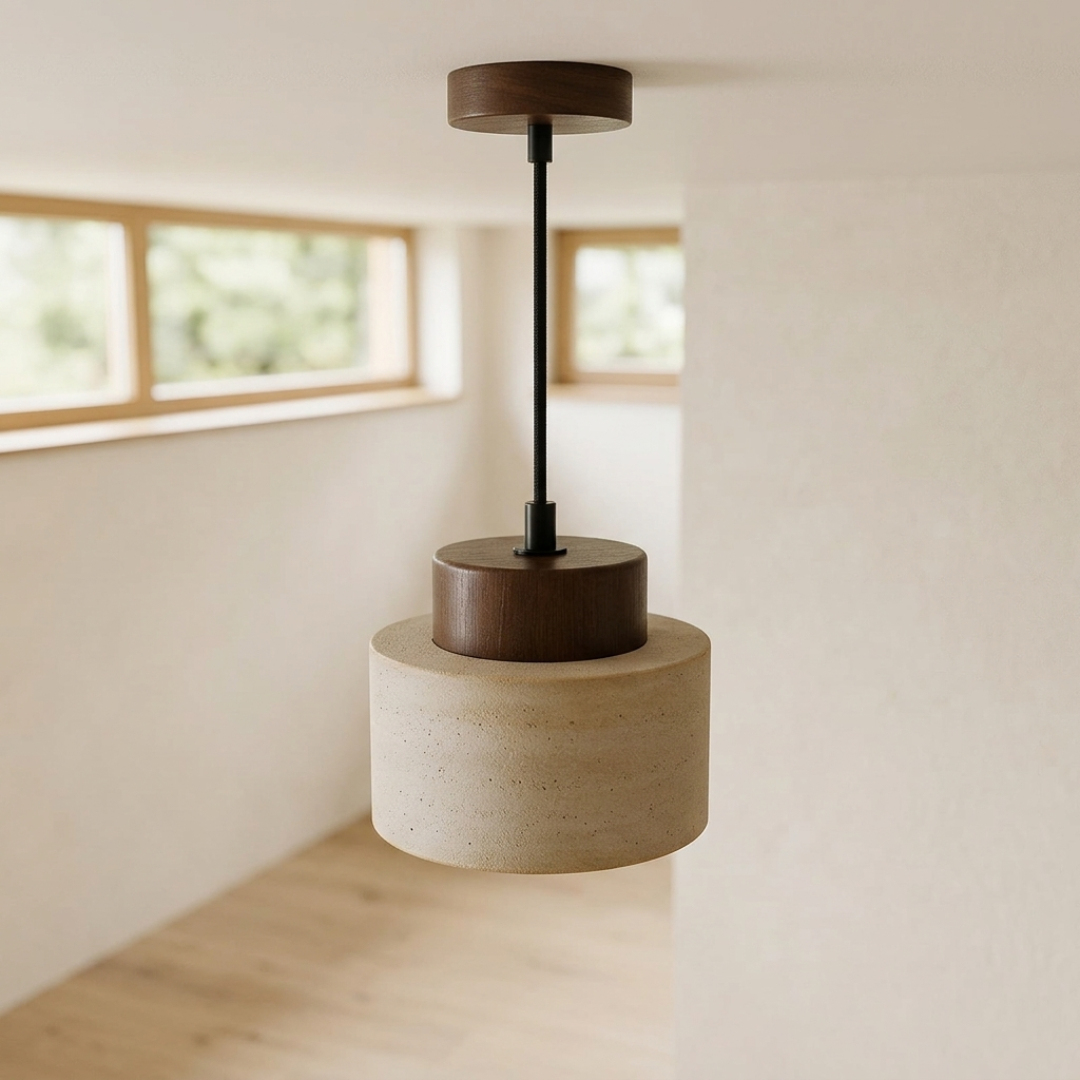 Pendant lamp made of travertine and wood