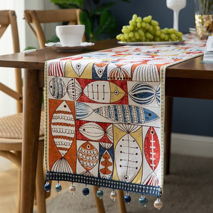 Chenille table runner with tassels