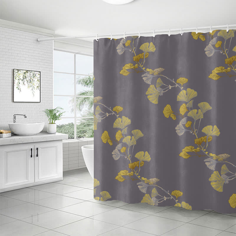 Waterproof shower curtain with ginkgo biloba pattern
