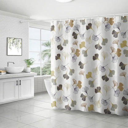 Rideau de douche représentant un ginkgo sur fond blanc