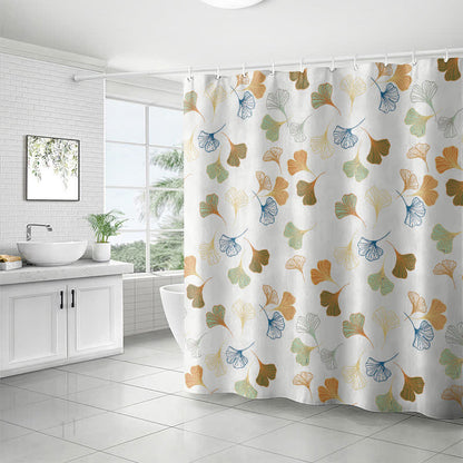 Rideau de douche représentant un ginkgo sur fond blanc