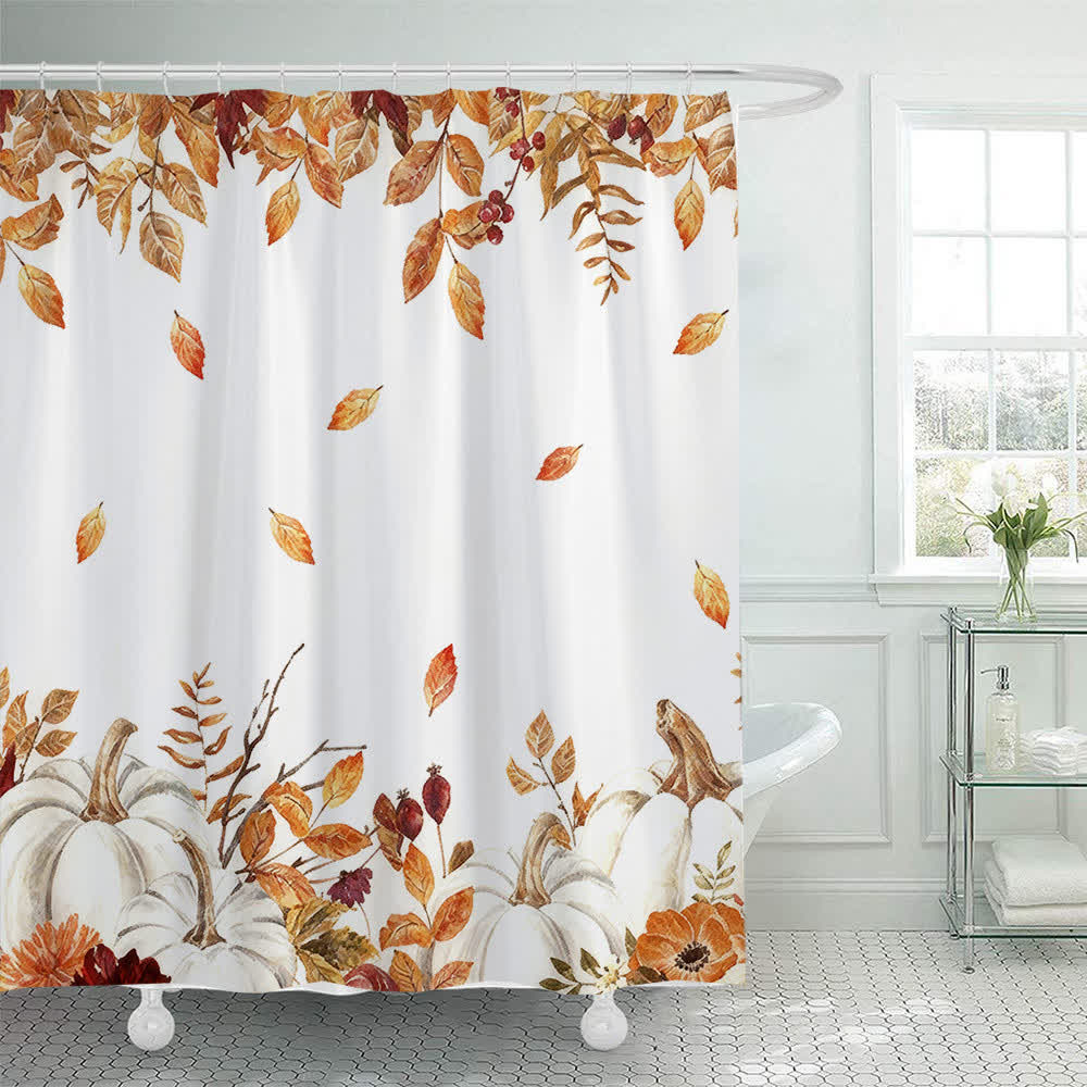 Shower curtain with a pumpkin and autumn leaves