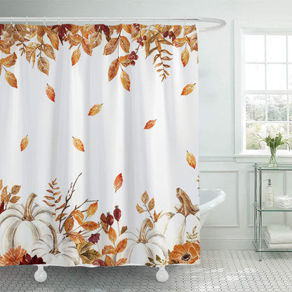Shower curtain with a pumpkin and autumn leaves