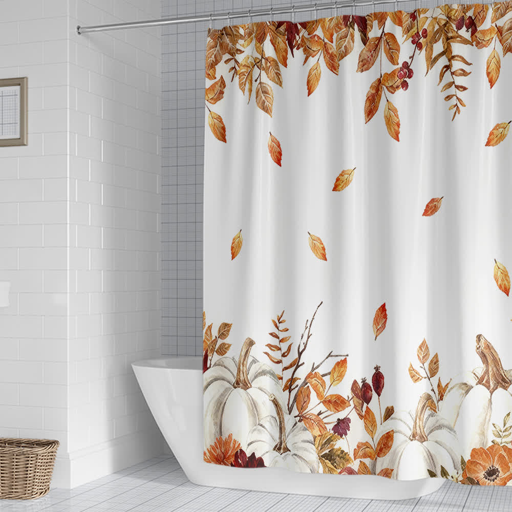 Shower curtain with a pumpkin and autumn leaves