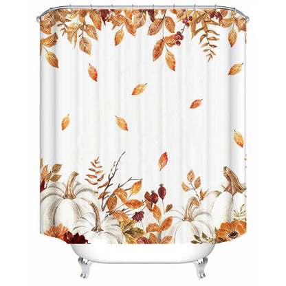 Shower curtain with a pumpkin and autumn leaves