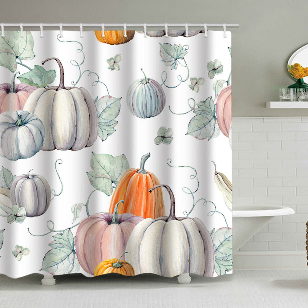 Shower curtain with a pumpkin and autumn leaves
