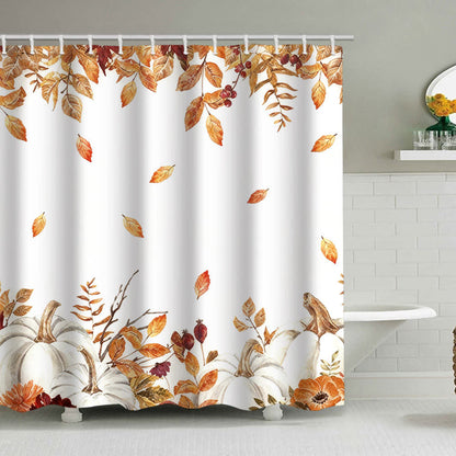 Shower curtain with a pumpkin and autumn leaves