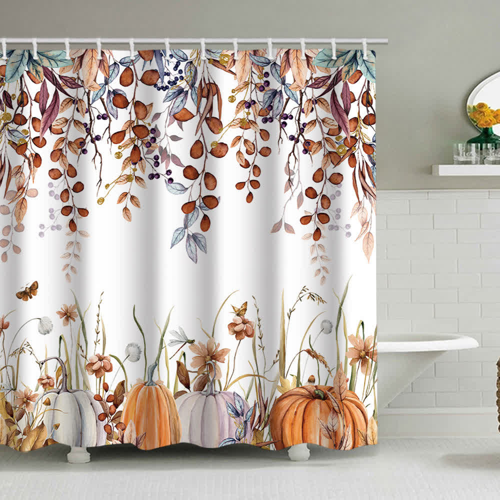 Shower curtain with a pumpkin and autumn leaves