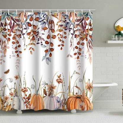 Shower curtain with a pumpkin and autumn leaves