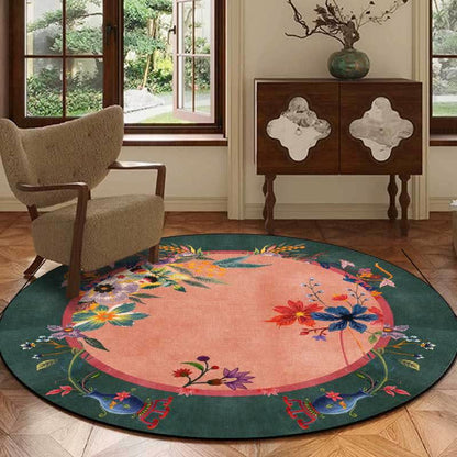 Tapis rond fleuri avec une touche corail