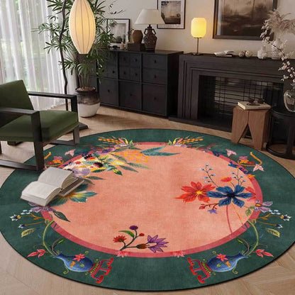 Tapis rond fleuri avec une touche corail