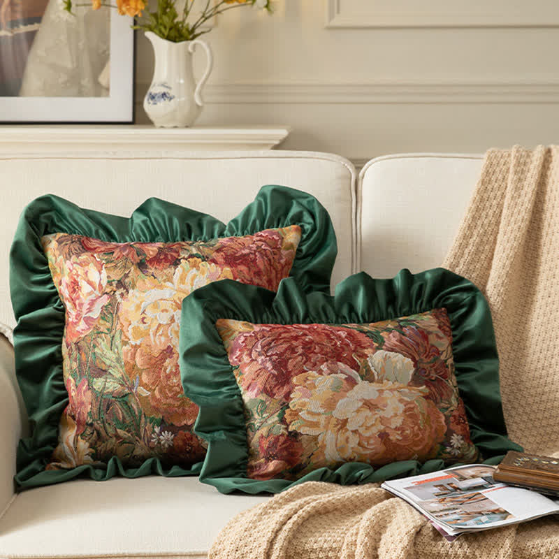 Peony cushion with a ruffle