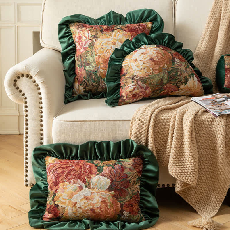 Peony cushion with a ruffle