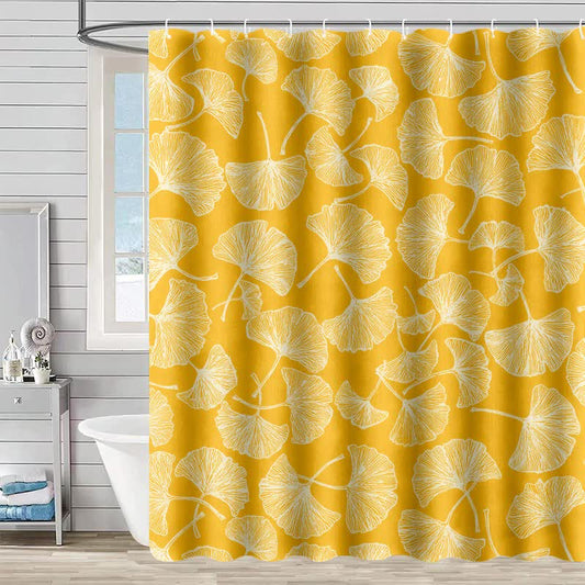 Shower curtain with a ginkgo contour motif