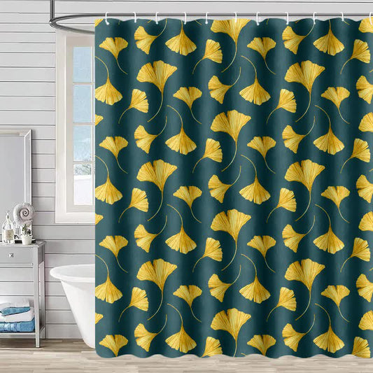 Shower curtain with a gold ginkgo leaf