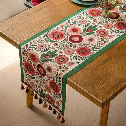 Jacquard table runner with flowers and leaves