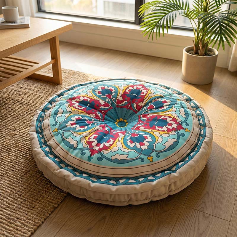 Round mandala and lotus cushion