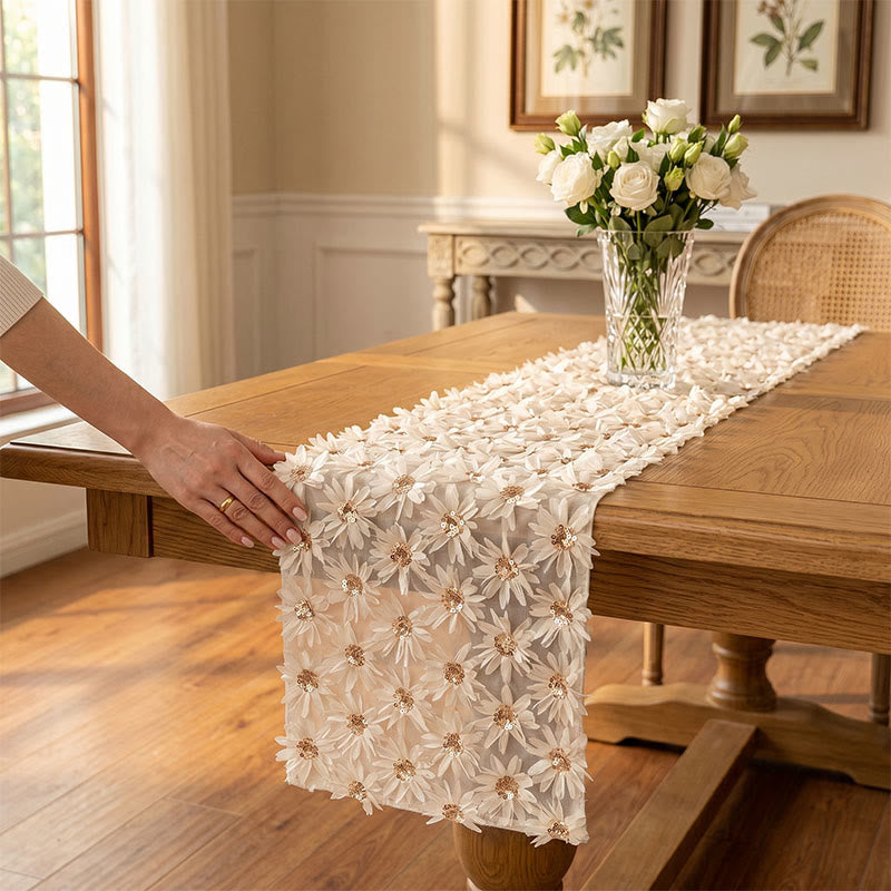 Table runner with 3D floral embroidery