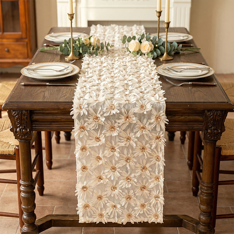 Table runner with 3D floral embroidery