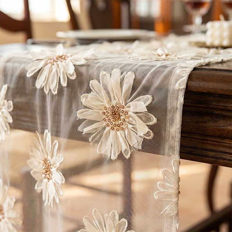 Table runner with 3D floral embroidery