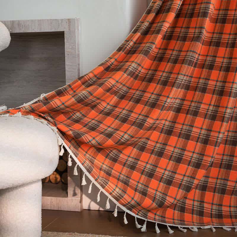 Orange checked curtain with tassels