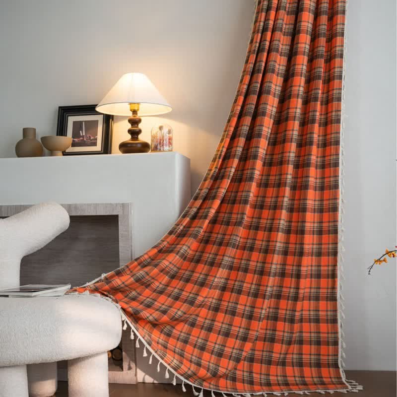 Orange checked curtain with tassels