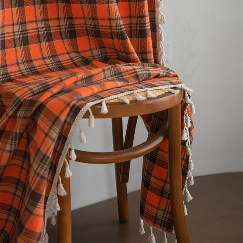 Orange checked curtain with tassels