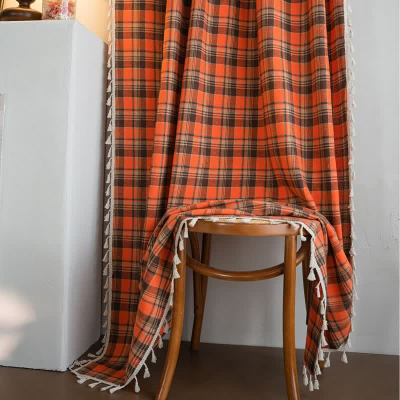 Orange checked curtain with tassels