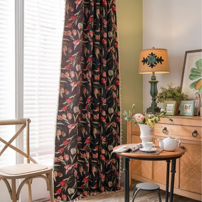 Jacquard curtain with tulips and tassels