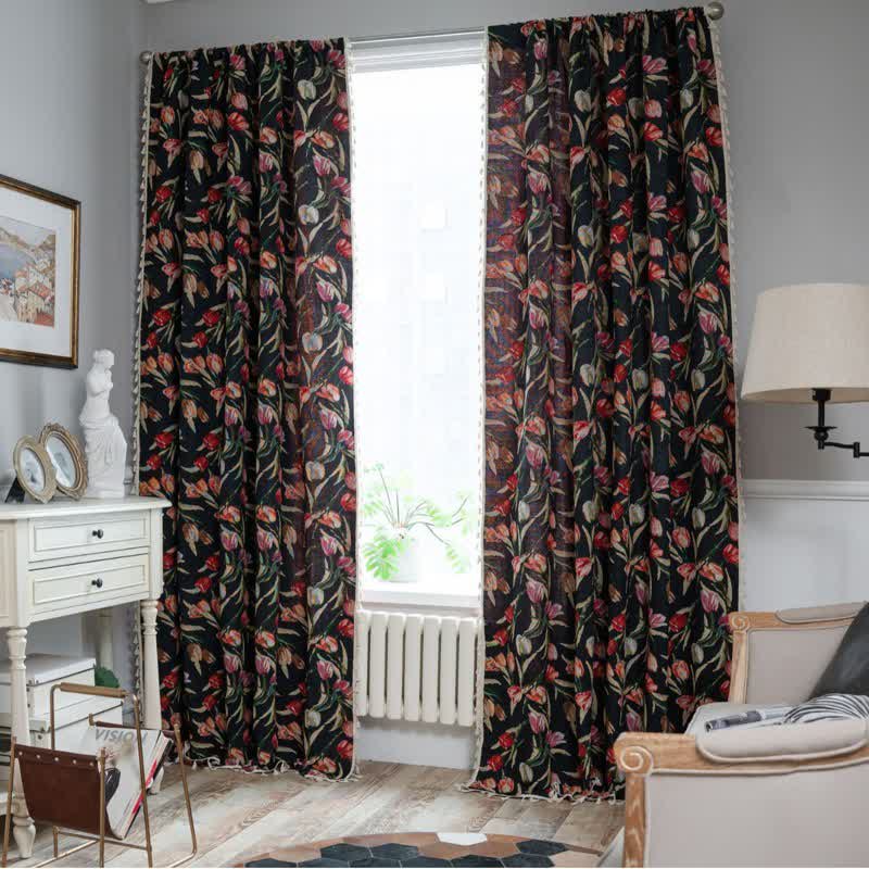 Jacquard curtain with tulips and tassels