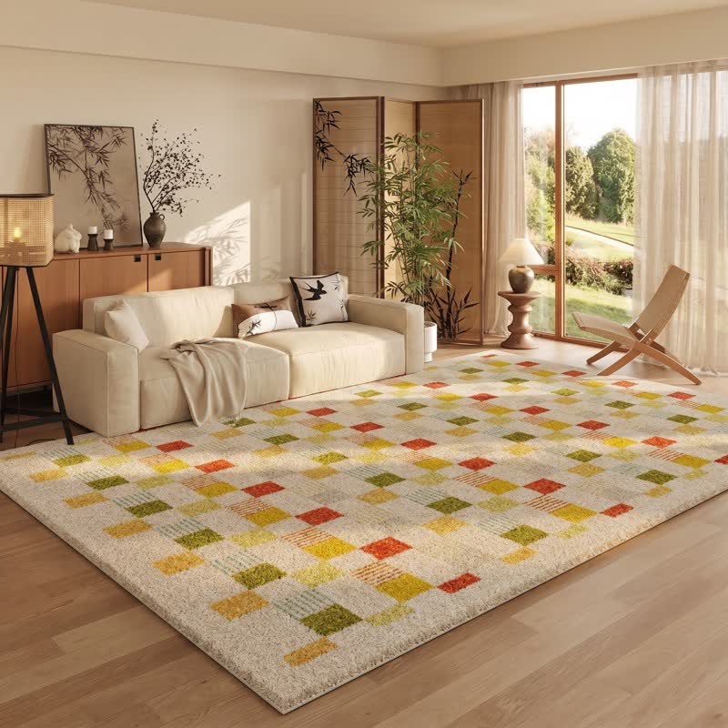 Thick, colorful checkerboard rug