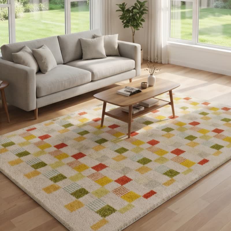 Thick, colorful checkerboard rug