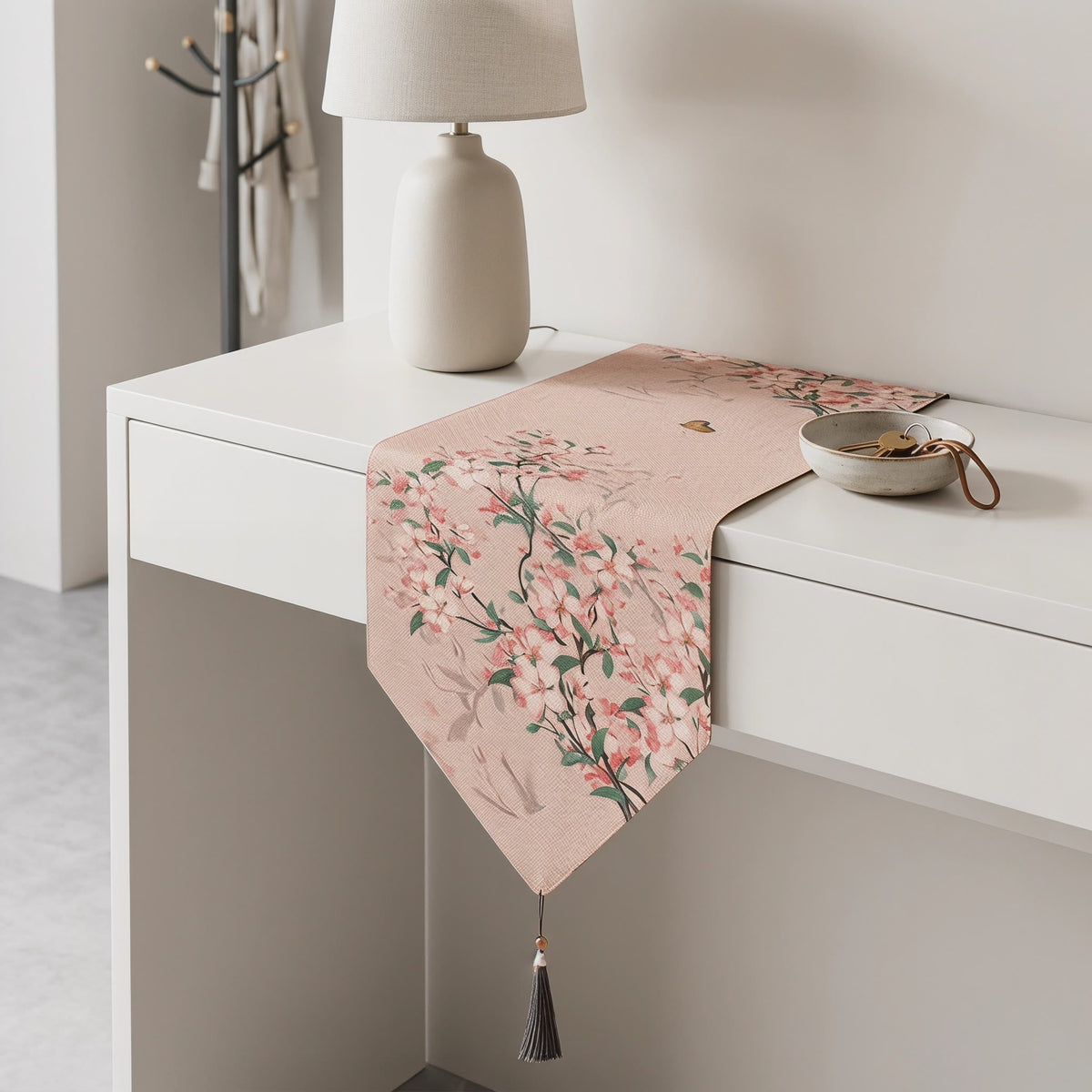 Table runner with apple blossom flowers