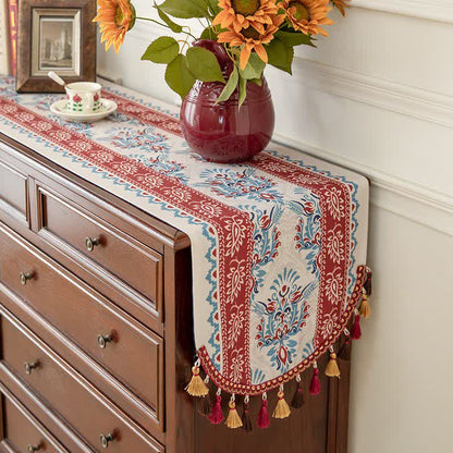 Damask table runner with fringe