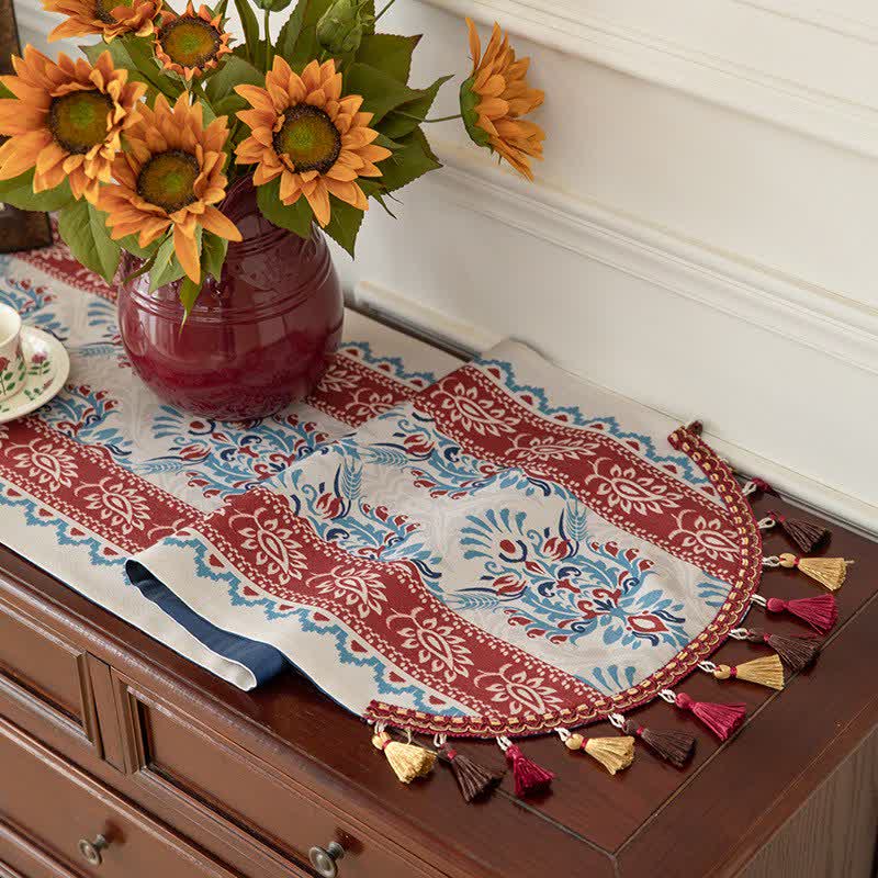 Damask table runner with fringe
