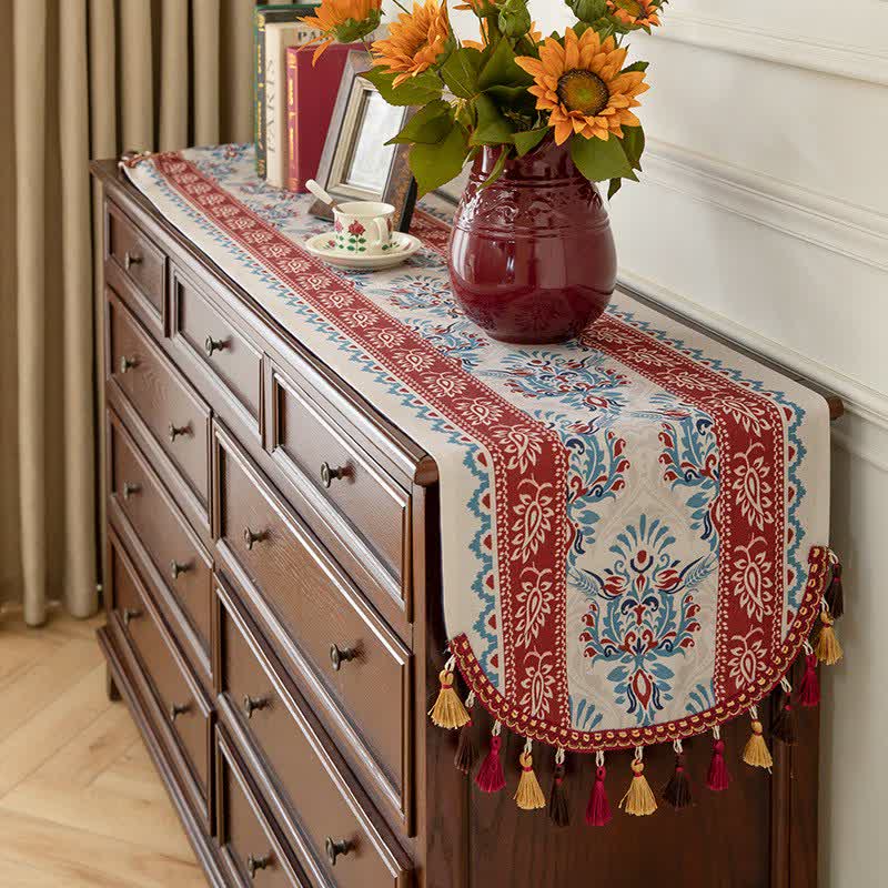 Damask table runner with fringe