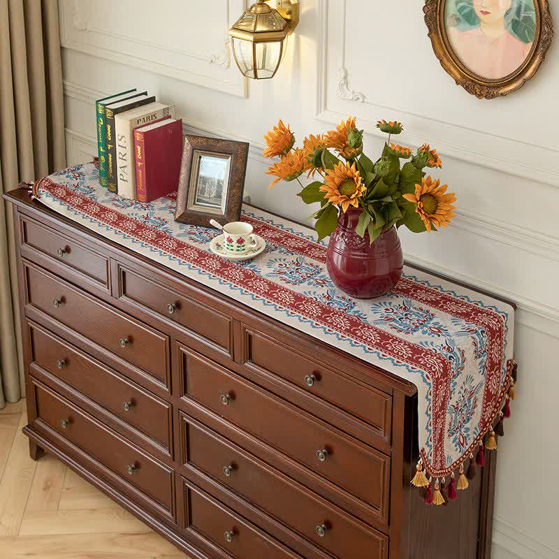 Damask table runner with fringe