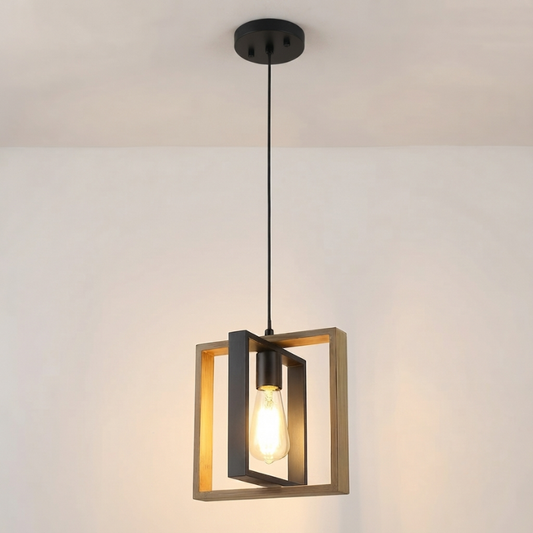 Lampa wisząca z metalowo-drewnianą ramą