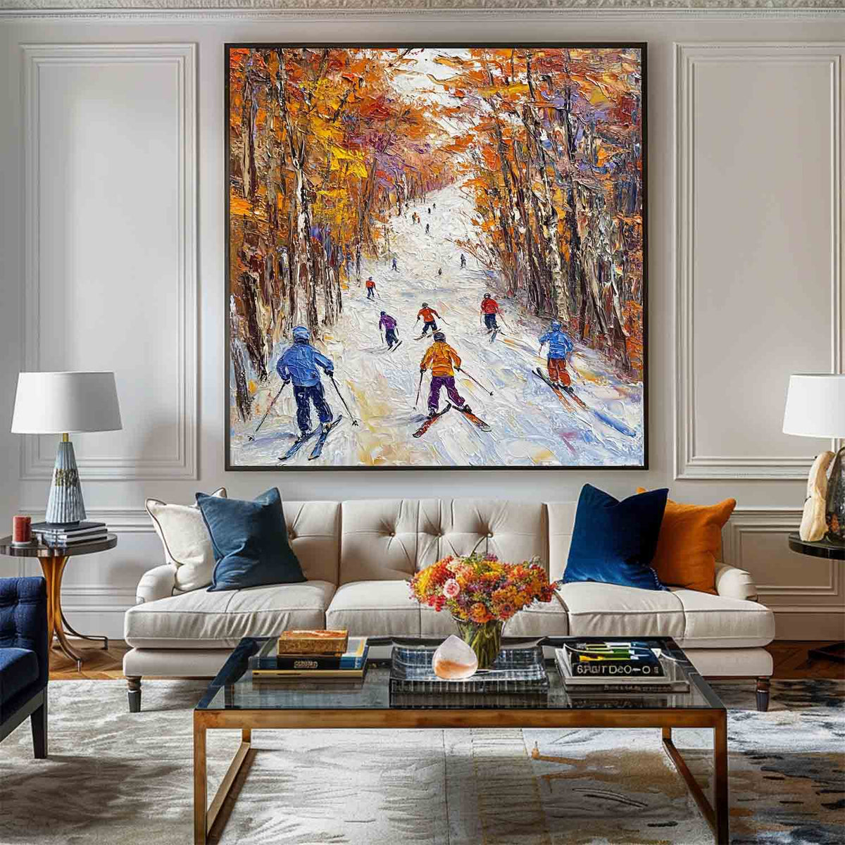 Tableau représentant des skieurs dans une forêt automnale