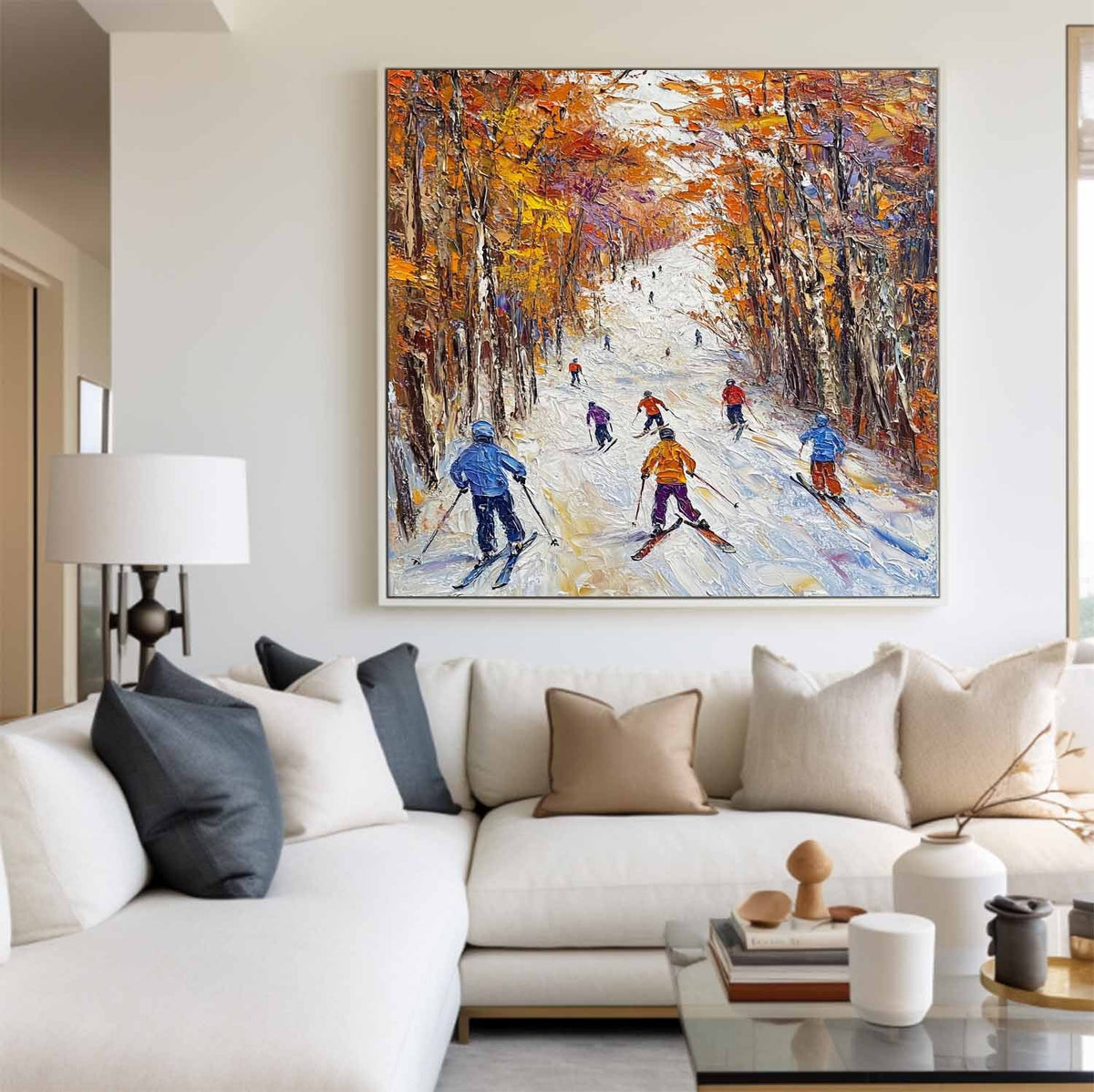 Tableau représentant des skieurs dans une forêt automnale