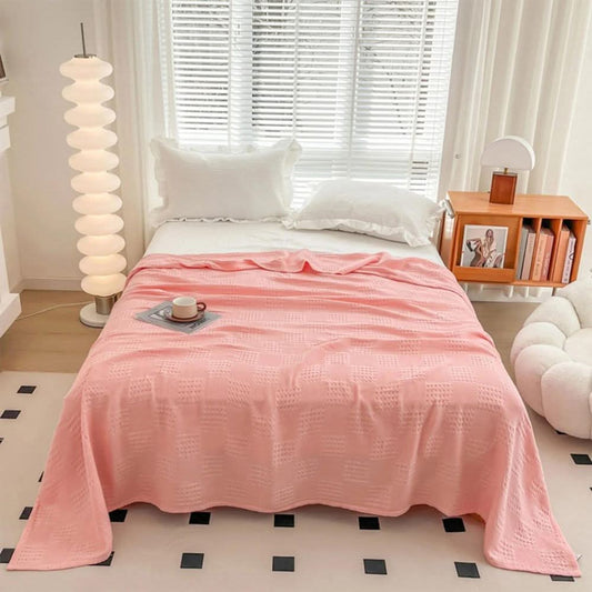 Waffle-weave cotton checkered blanket