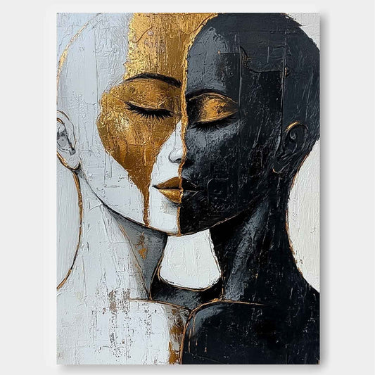 Tableau de visages abstraits noir et or