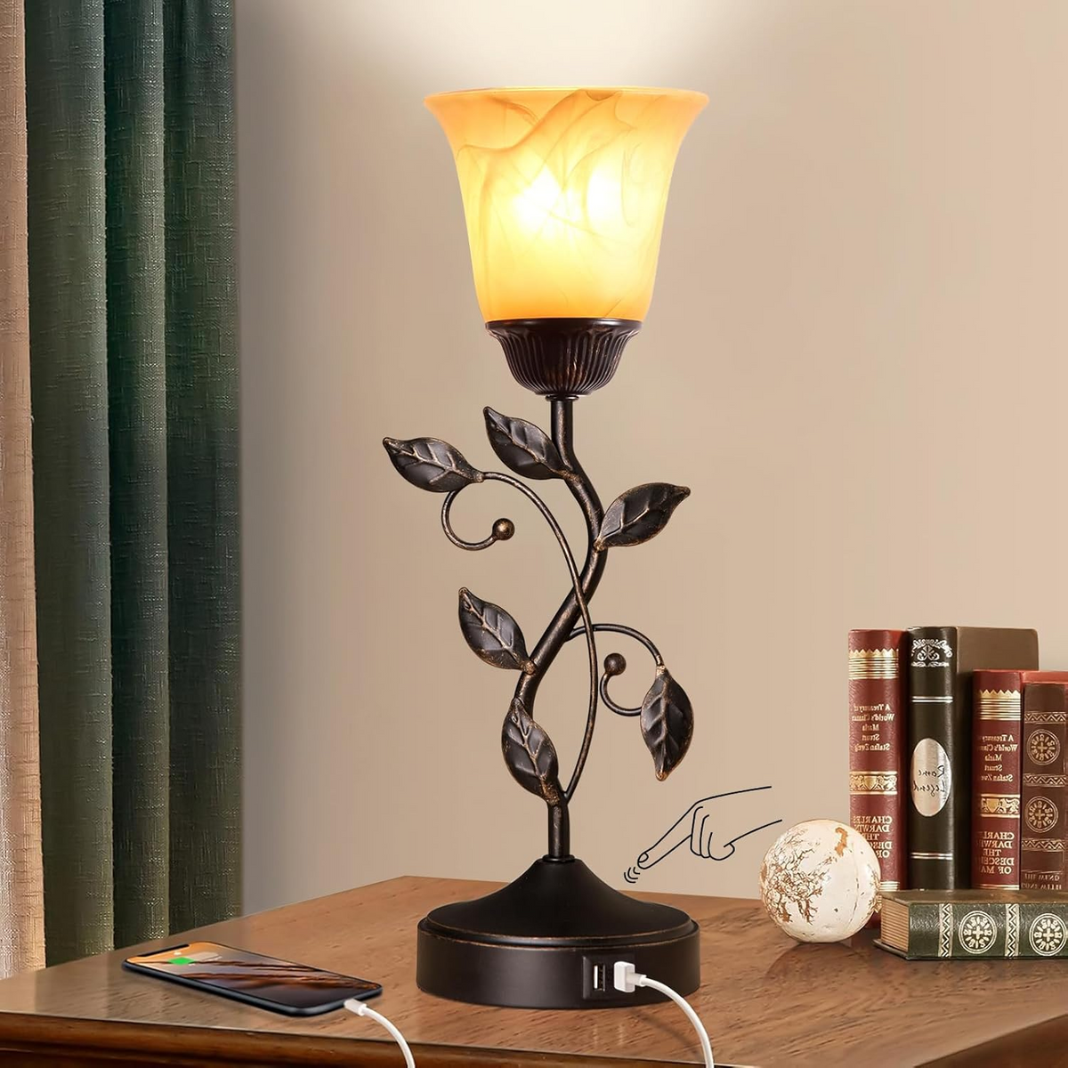 Table lamp with an amber shade and USB port