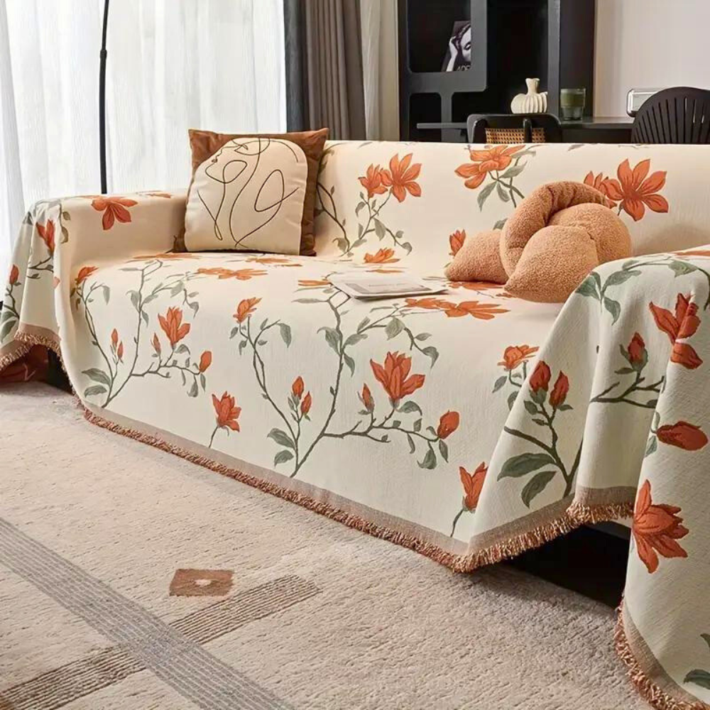 Floral throw with fringes