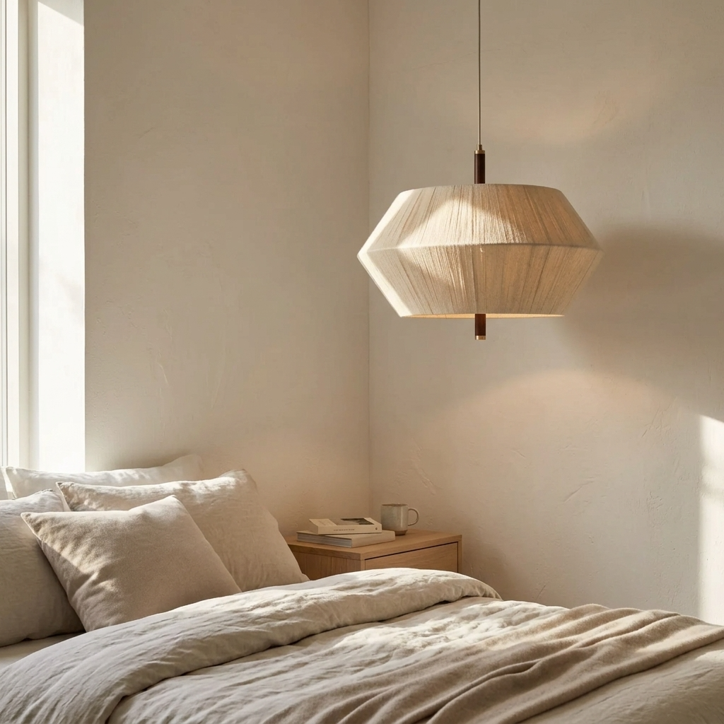Lampa wisząca z kloszem oplecionym nicią