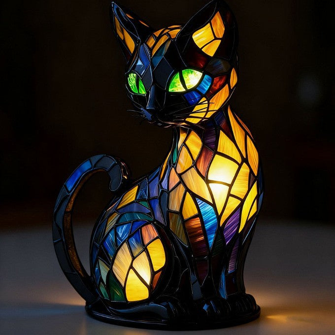 Stolní lampa s vitrážovým motivem kočky