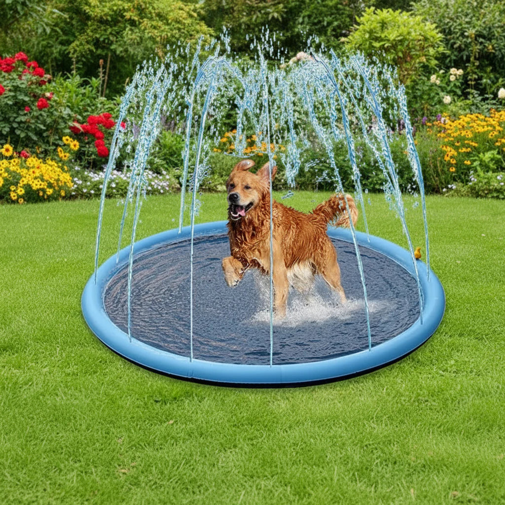 Dog water mat with a sprinkler