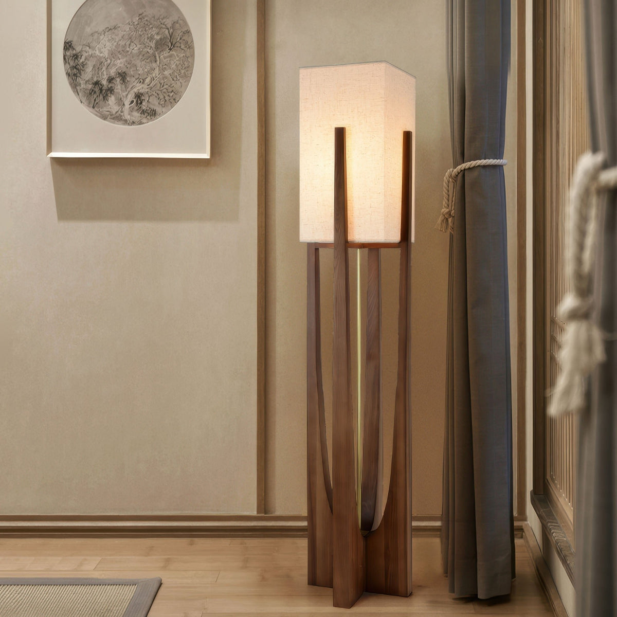Lampadaire en bois avec abat-jour